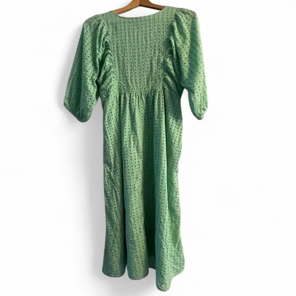 Cal Style Women's L Mint Green Eyelet Lace Elbow Sleeve Cotton Summer Midi Dress - Picture 3 of 4